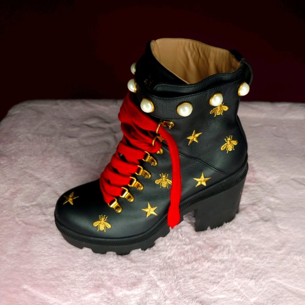 GUCCI Leather Ankle Boots with Gold Bees/Stars